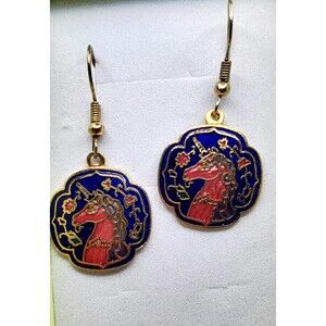 Vtg  Cloisonne Enamel Unicorn Dangle Earrings Gold Tone Red Blue Boho Fantasy